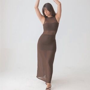 Braless high neck mesh maxi dress brown